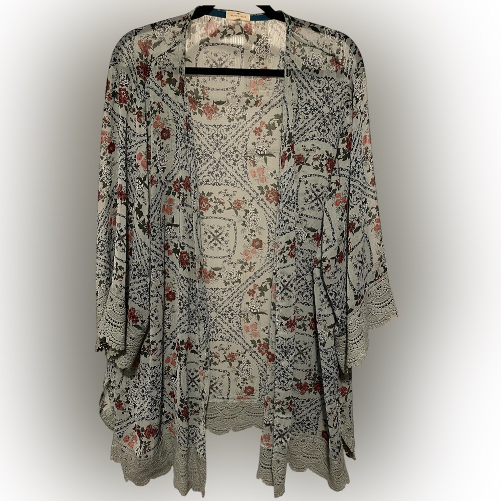 💚 Floral Patterned Crochet Trim Women's Cardigan 3X